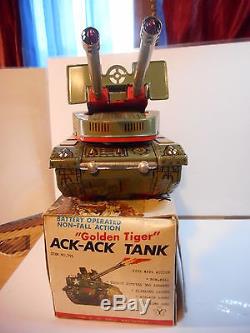 Yonezawa tank ack-ack tin toy tole usa m-57 golden tiger vintage boxed boite